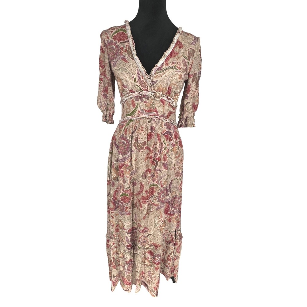 Nordstrom Babydoll Floral‎ Tiered Metallic Maxi Dress XS Ruffle Dainty Romantic